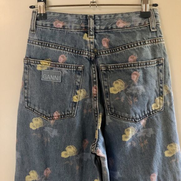 GANNI Floral Print Denim Core Magny Wide Straight Jeans Bleach Light Blue 25 - Picture 11 of 15